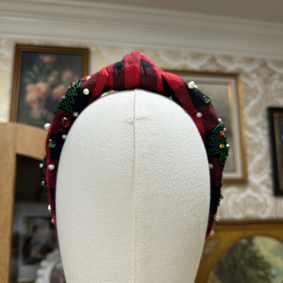 Plaid Red and Black Headband with Beaded Accents - Picture 1 of 5